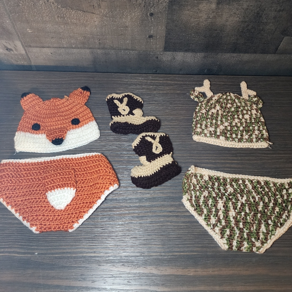Fox and Deer Crochet Baby Hat and Diaper Cover Set - Orange and Green